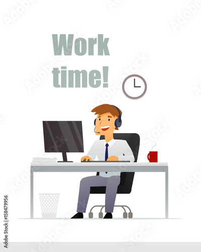 Time to work. Young man working on computer in office. Vector illustration