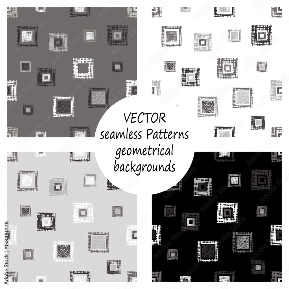 Set of seamless vector grey geometrical patterns with geometric figures, forms. pastel endless background with hand drawn textured geometric figures. Graphic vector illustration