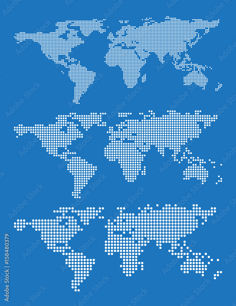 Set of world map outlines on a blue background
