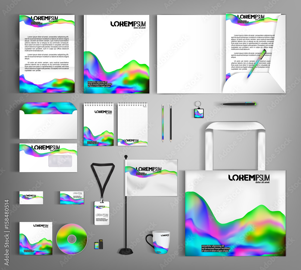 Business set stationery futuristic designs with fluid colors.