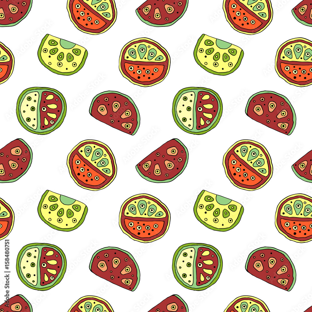 Seamless vector hand drawn childish pattern with fruits. Cute childlike watermelon with leaves, seeds, drops. Doodle, sketch, cartoon style background. Line drawing Endless repeat swatch Seamless vector hand drawn childish pattern with fruits. Cute childlike watermelon with leaves, seeds, drops. Doodle, sketch, cartoon style background. Line drawing Endless repeat swatch