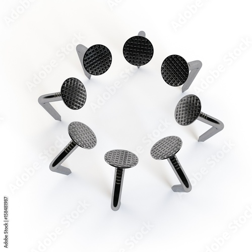 Circle of nails.Bent form. Isolated on white background. 3D rendering illustration.
