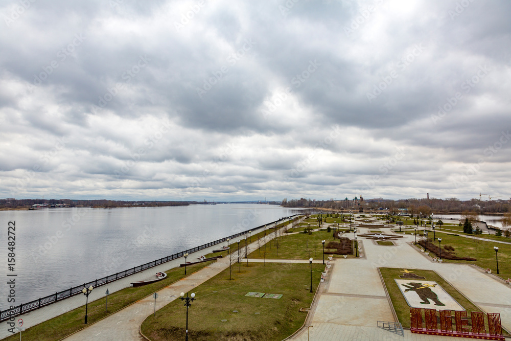 The Russian city of Yaroslavl on the Volga River in cloudy weather in the day
