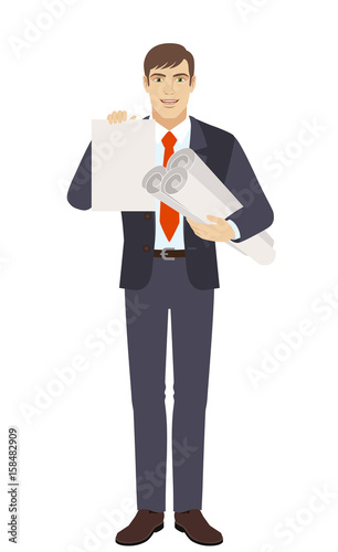 Businessman holding the project plans and showing paper