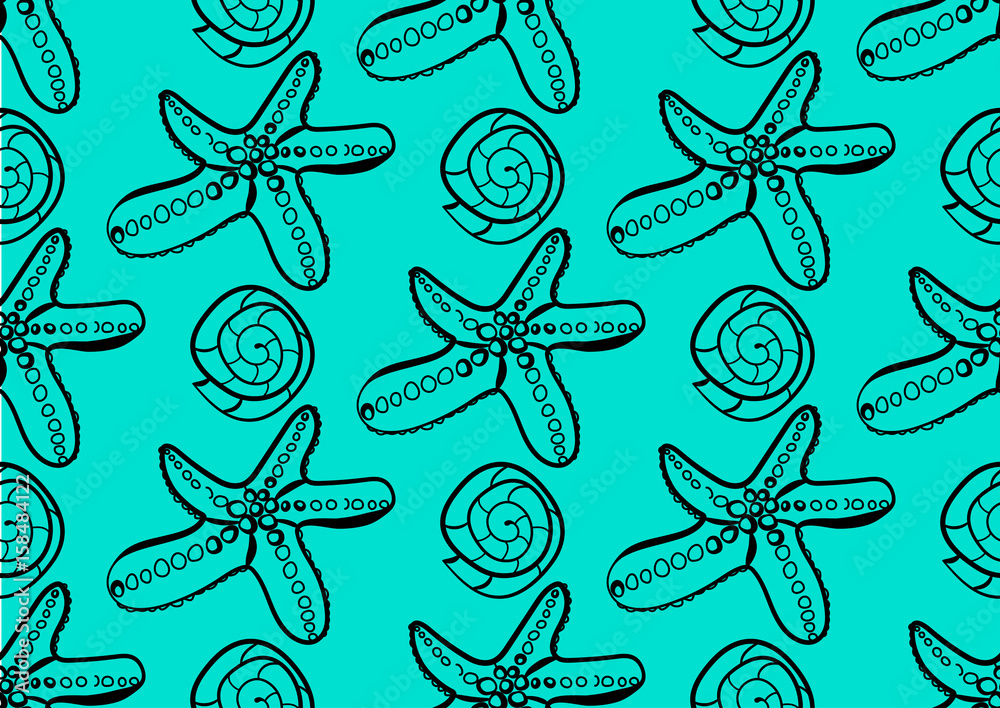 Marine vector hand drawn pattern with sea shells and stars. Perfect for textiles, wallpaper and prints.