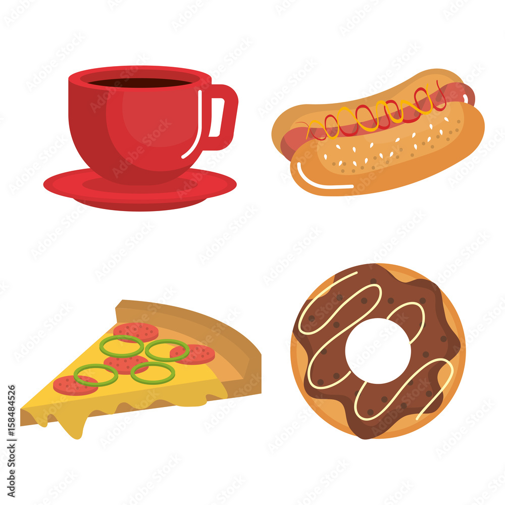 Colorful cup of coffee and fast food over white background vector illustration Colorful cup of coffee and fast food over white background vector illustration