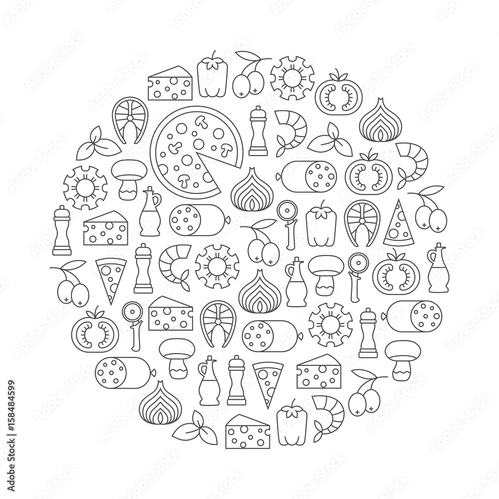 round design element with pizza icons
