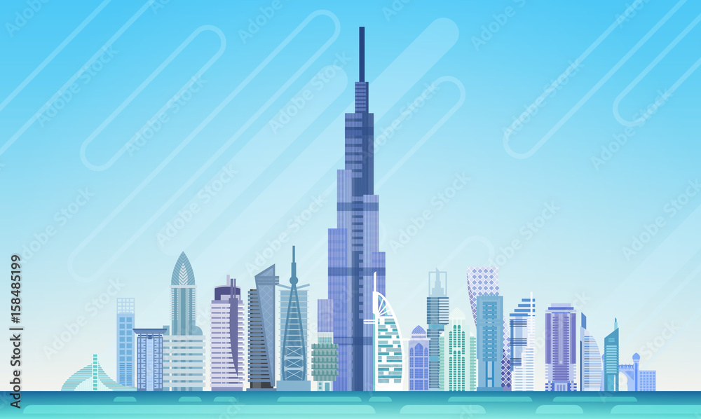 Obraz premium Dubai City Skyscraper Zobacz panoramę miasta tle panoramę z ilustracji wektorowych płaskie miejsce kopiowania