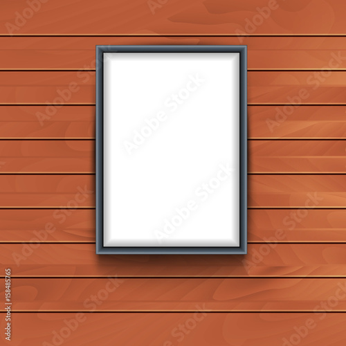 Vector frame on wooden wall background. Photo art decorative empty frame exhibition