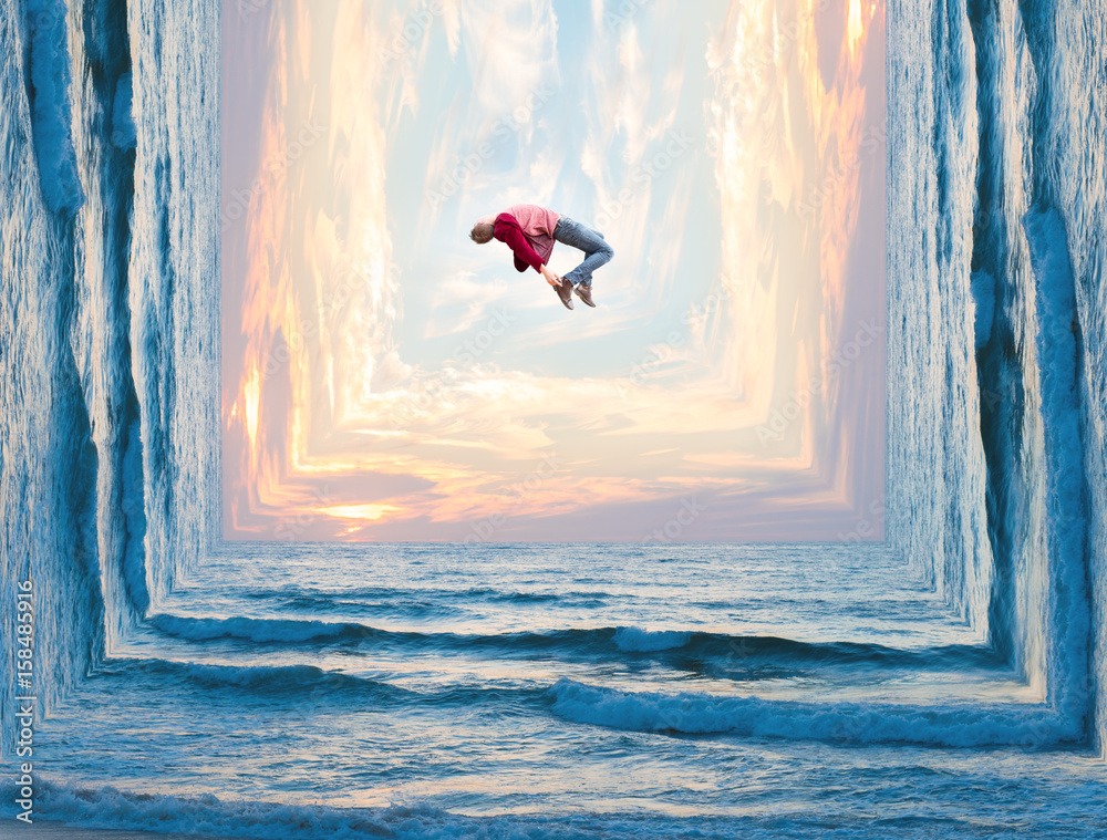 Photo manipulation of a tall man letting go of all his worries as he floats weightlessly above the clouds and waves.. - obrazy, fototapety, plakaty 