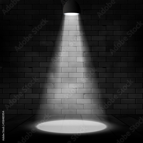 Vector spotlight illuminated scene and brick wall. Glow effect background. Stage decoration with floodlight lamp