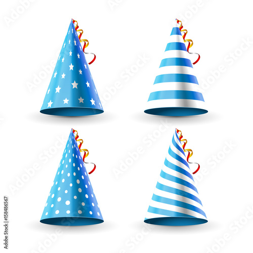 Party hat set isolated on a white. Birthday hat set. Vector fun decoration. Colorful surprise costume