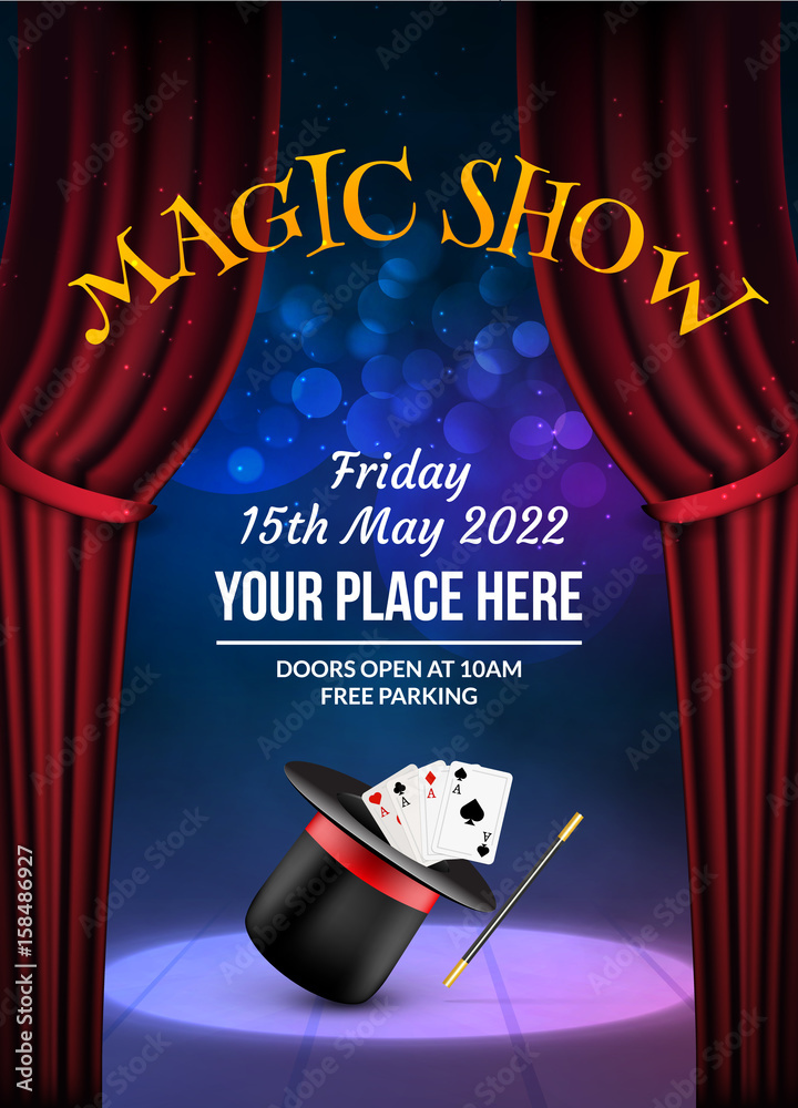 Vettoriale Stock Magic Show poster design template. Illusion magical vector  background. Theater magician flyer with hat trick | Adobe Stock