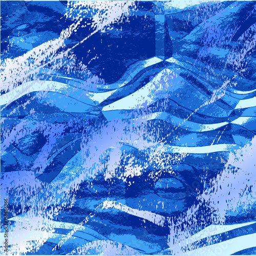 Abstract wavy grunge background resembling water surface. Rippling blue and white pattern with splashes of water