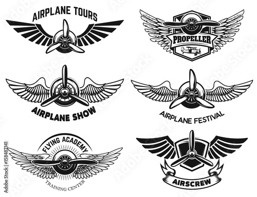 Set of airplane show labels. Emblems with wings and propellers. Vector design elements