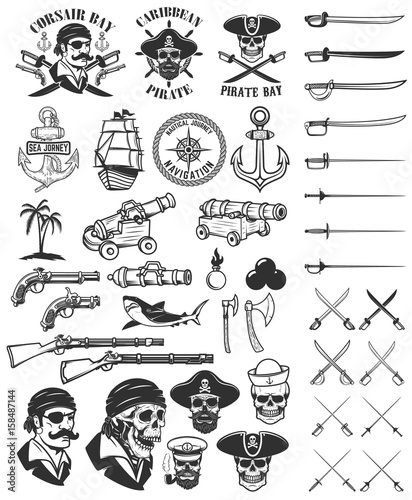 Pirates design elements. Corsair skulls, weapon, swords,guns. Design elements for logo, label, emblem, sign, poster, t-shirt. Vector illustration