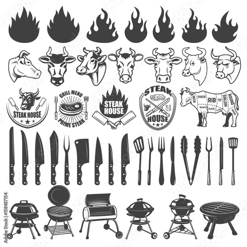Set of BBQ and Grill labels and design elements. Bull and cow heads, butcher tools, grills, fire icons. Design elements for logo, label, badge, emblem, sign, menu, poster.