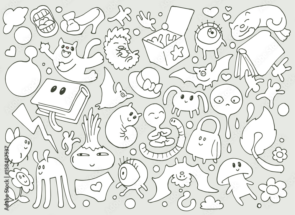 Abstarct funny cartoon doodle illustration with lots of different fantasy creatures