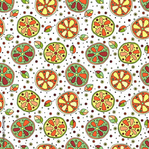 Seamless vector hand drawn childish pattern with fruits. Cute childlike lime, lemon, orange, grapefruit with leaves, seeds, drops. Doodle, sketch, cartoon style background. Line drawing