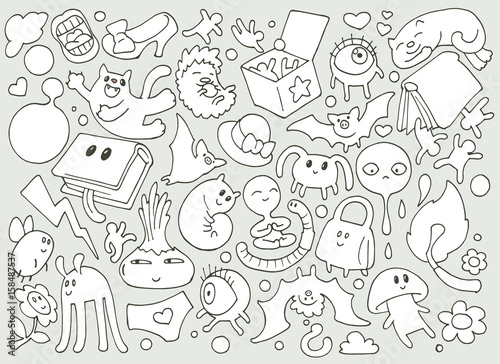 Abstarct funny cartoon doodle illustration with lots of different fantasy creatures