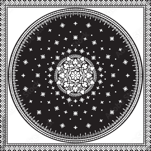 Victorian floral paisley medallion ornamental rug vector. Ethnic mandala towel frame. Vintage flower tile. Black and white. Textile, greeting business card, coloring book, phone case print