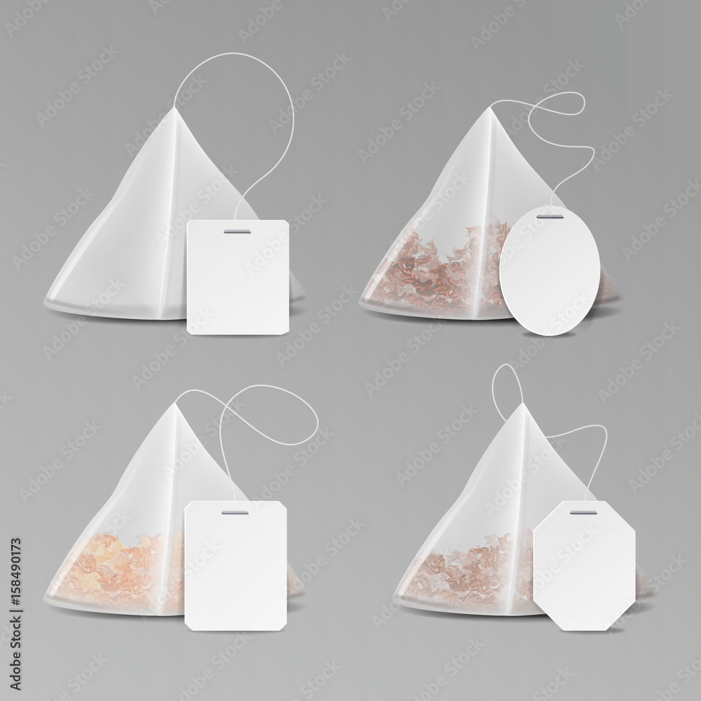 Pyramid Shape Tea Bag Set. Mock Up With Empty Square Rectangle Labels. 3D Realistic Teabag Template. Vector Illustration Stock Vektorgrafik Adobe Stock