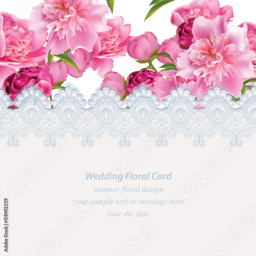 Peony flowers and delicate lace card. Springtime fresh natural composition Ve...