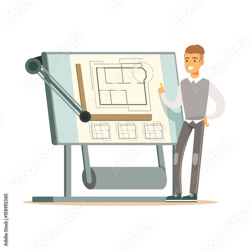 Young smiling architect showing his project blueprint on a drawing board, colorful character vector Illustration