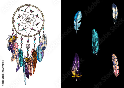 Hand drawn ornate Dreamcatcher with feathers, gemstones. Card with art, astrology, spirituality, magic symbol. Ethnic tribal element