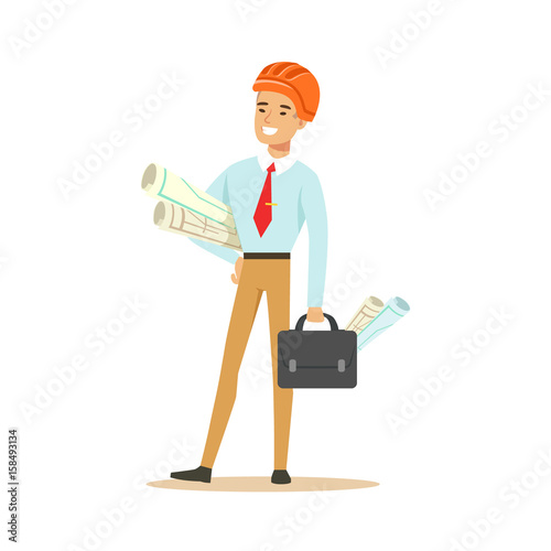 Smiling architect standing and holding project blueprints and briefcase, colorful character vector Illustration