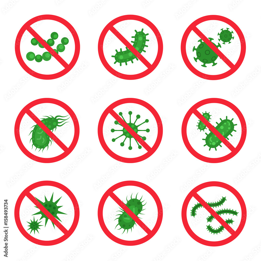Antibacterial icon set, crossed symbol Antibacterial icon set, crossed symbol