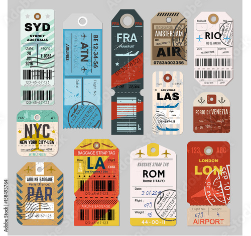 Baggage tag set on grey background