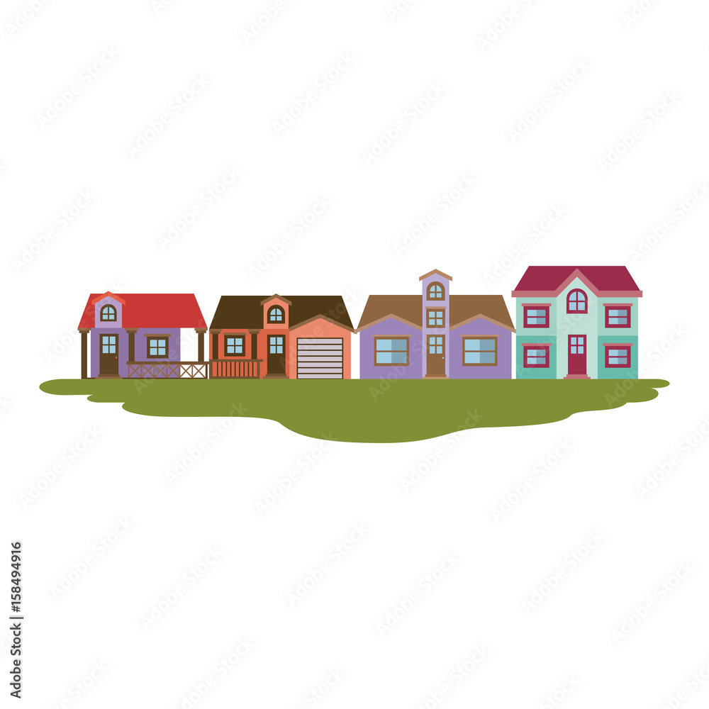 colorful silhouette of country houses several floors in grass vector illustration