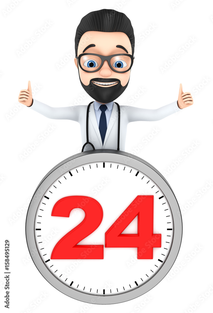 Cheerful doctor with a clock on white background showing two thumbs up. 3d rendering. Cheerful doctor with a clock on white background showing two thumbs up. 3d rendering.