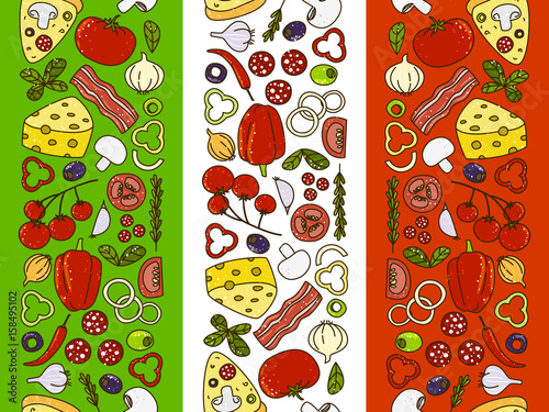 Pizza ingredients borders on Italian flag background