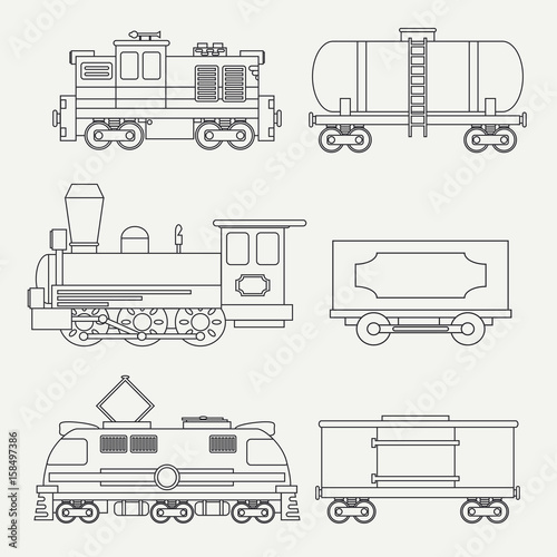 Line modern and vintage trains with cargo wagons and tank icons set. Steam, diesel and electric locomotives. Vector. Cartoon style. Illustration and element for your design. Railway. Wagon. Retro.