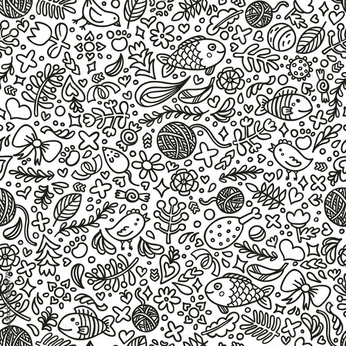 Seamless hand drawn cat dreams pattern. Coloring page. Hand-drawn illustratio...