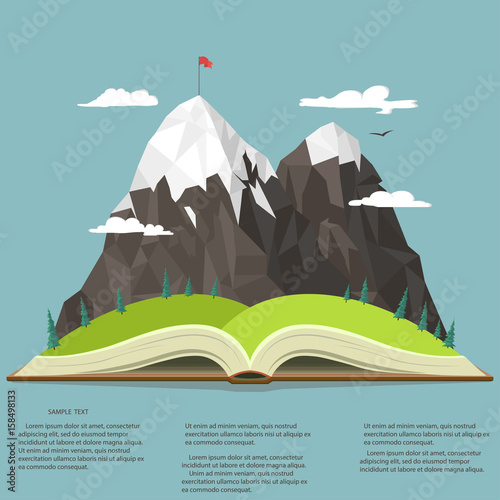Nature in opened book. camping graphics, outdoor traveling illustration