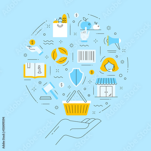 The vector concept about consumer rights protection in thin line style. Design including symbols of select, safety, support, law and etc. on the blue background.