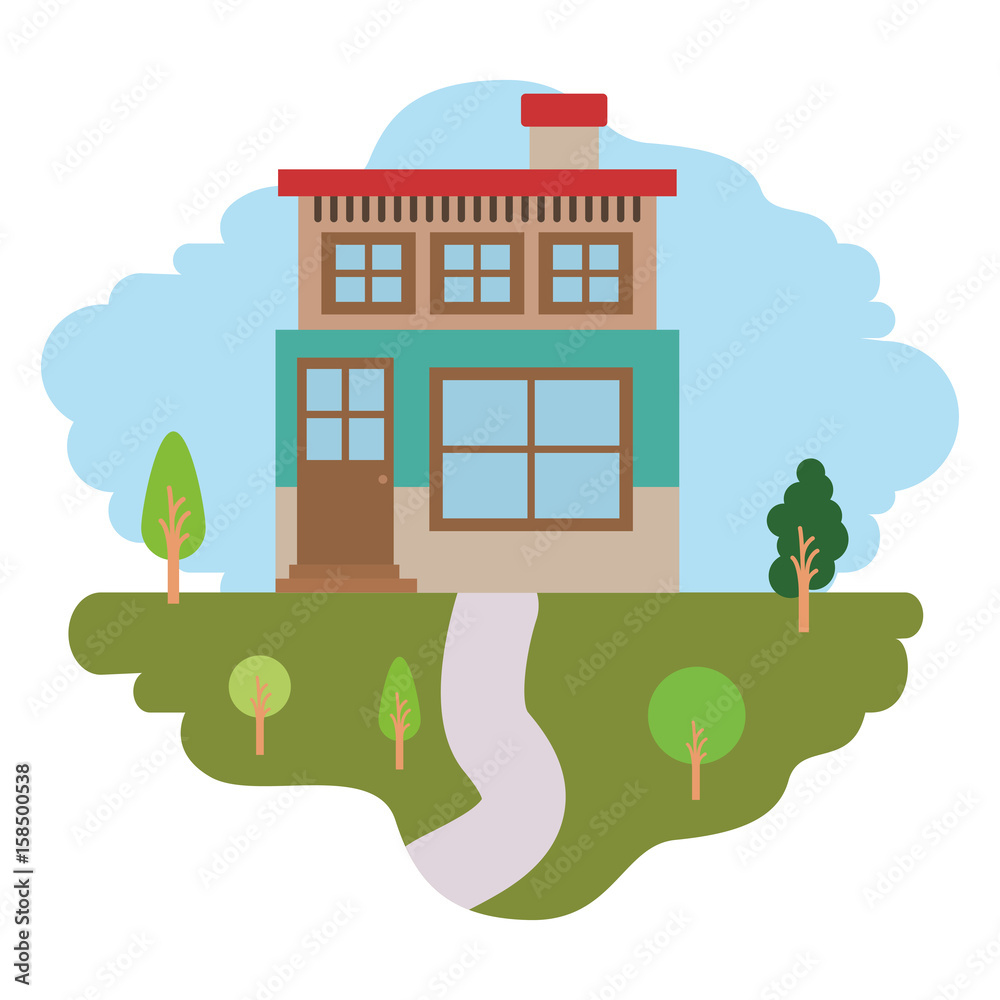 white background with colorful scene of natural landscape and house of two floors with chimney vector illustration