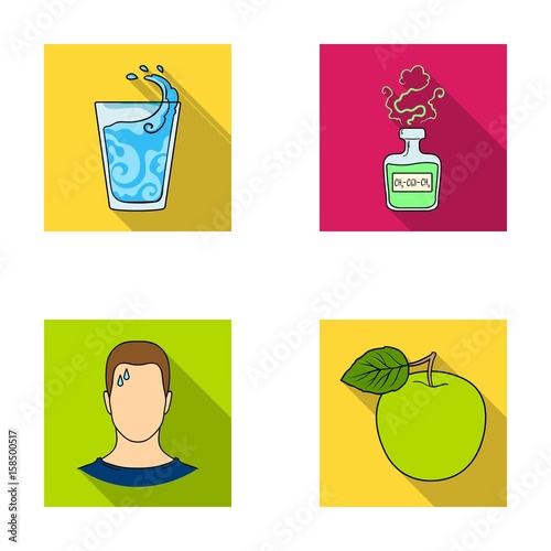 A glass of water, a bottle of alcohol, a sweating man, an apple. Diabeth set collection icons in flat style vector symbol stock illustration web.