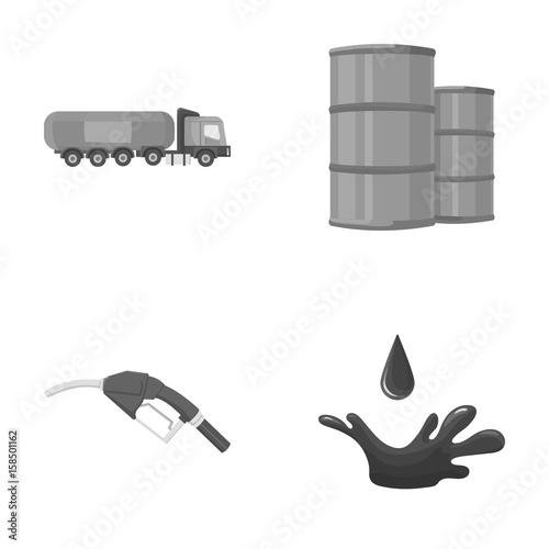 Truck with a cistern, barrels of fuel, a refueling gun, a drop of oil. Oil industry set collection icons in monochrome style vector symbol stock illustration web.