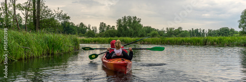 Two girls kayaking panorama