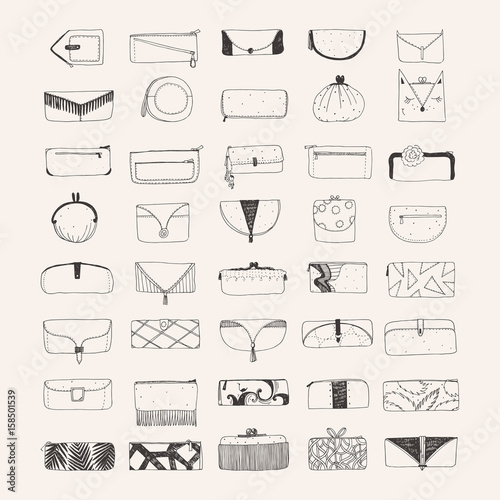Set of hand drawn vector clutches and purses isolated on beige background. Decorated handbags with different shapes and decoration metod. Sketch hand made illustration for shops and boutiques photo