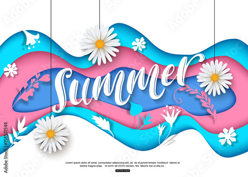 Colorful summer background cut paper flowers, hanging daisy for banner, poster, brochure, beauty and fashion design. Vector illustration