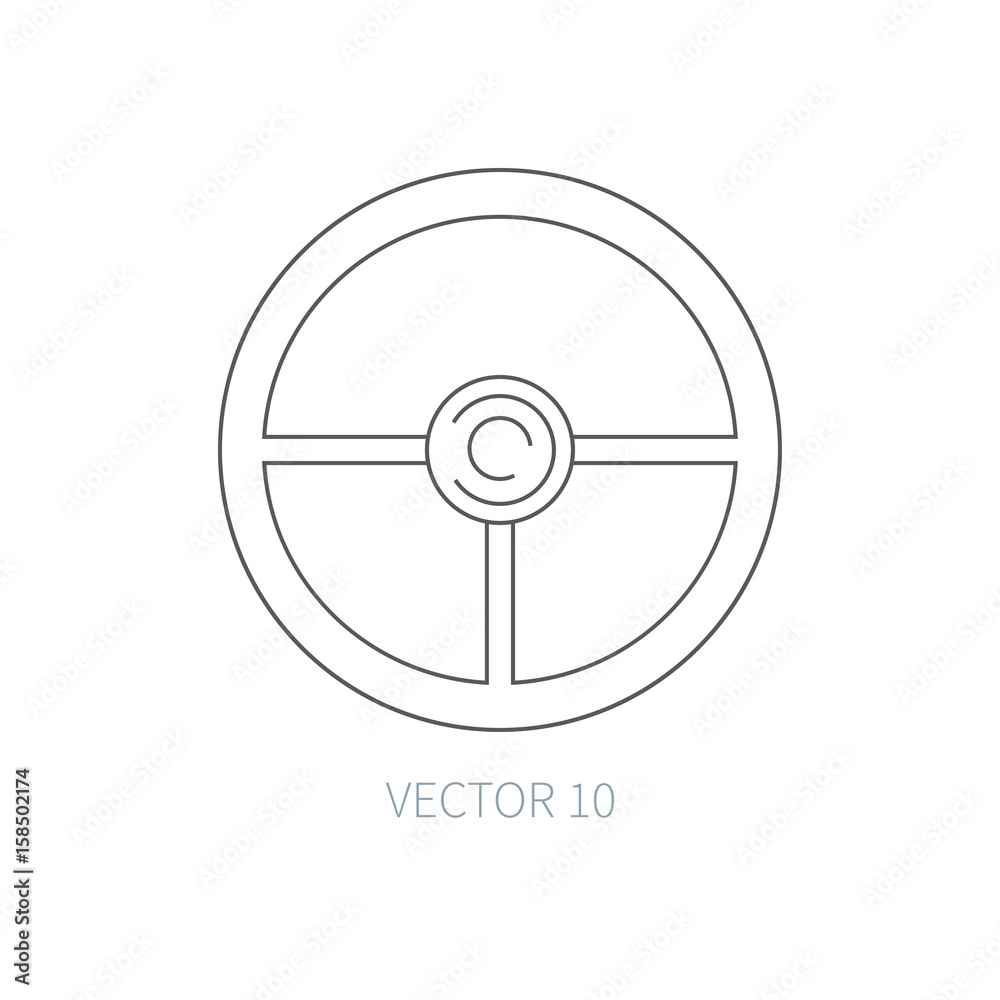 Line flat vector icon car repair part - steering wheel. Internal combustion engine elements. Industrial. Cartoon style. Illustration and element for your design. Monochrome. Auto service. Maintenance. Line flat vector icon car repair part - steering wheel. Internal combustion engine elements. Industrial. Cartoon style. Illustration and element for your design. Monochrome. Auto service. Maintenance.