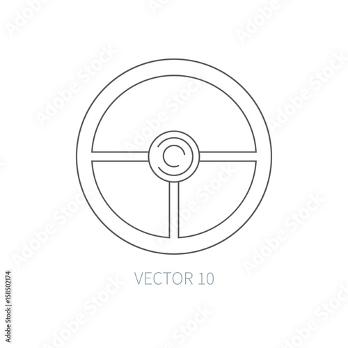 Line flat vector icon car repair part - steering wheel. Internal combustion engine elements. Industrial. Cartoon style. Illustration and element for your design. Monochrome. Auto service. Maintenance.