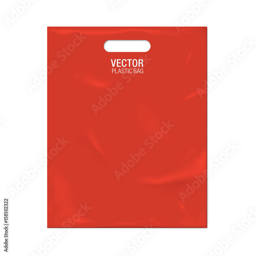 Vector plastic bag template isolated on background. Red plastic bag realistic mockup.