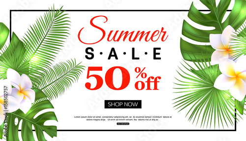 Summer sale banner design with tropical flowers and foliage, vector illustration