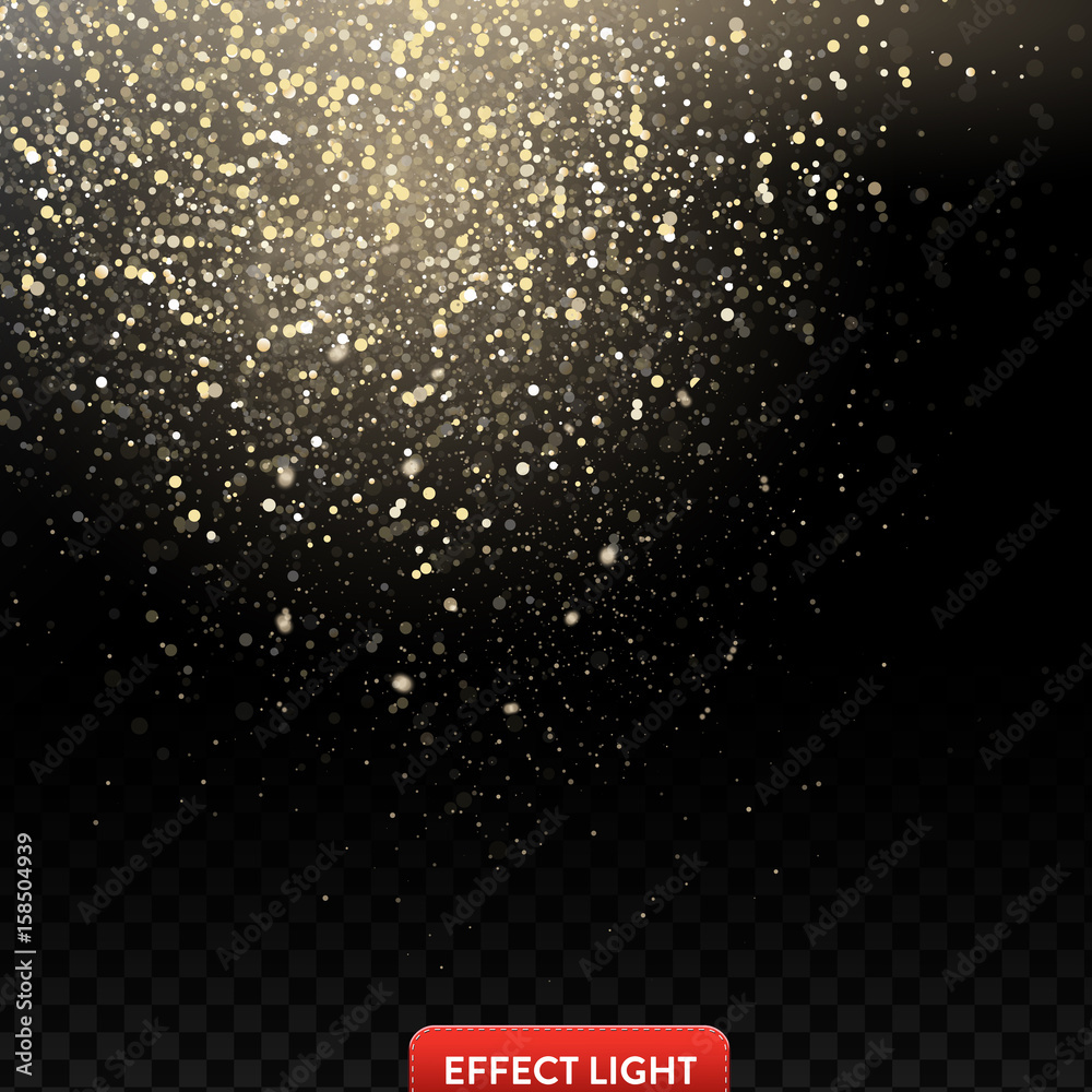Vector illustration of a falling shiny golden glitters, confetti, sparks on a black background. Texture of falling golden sequins, foil